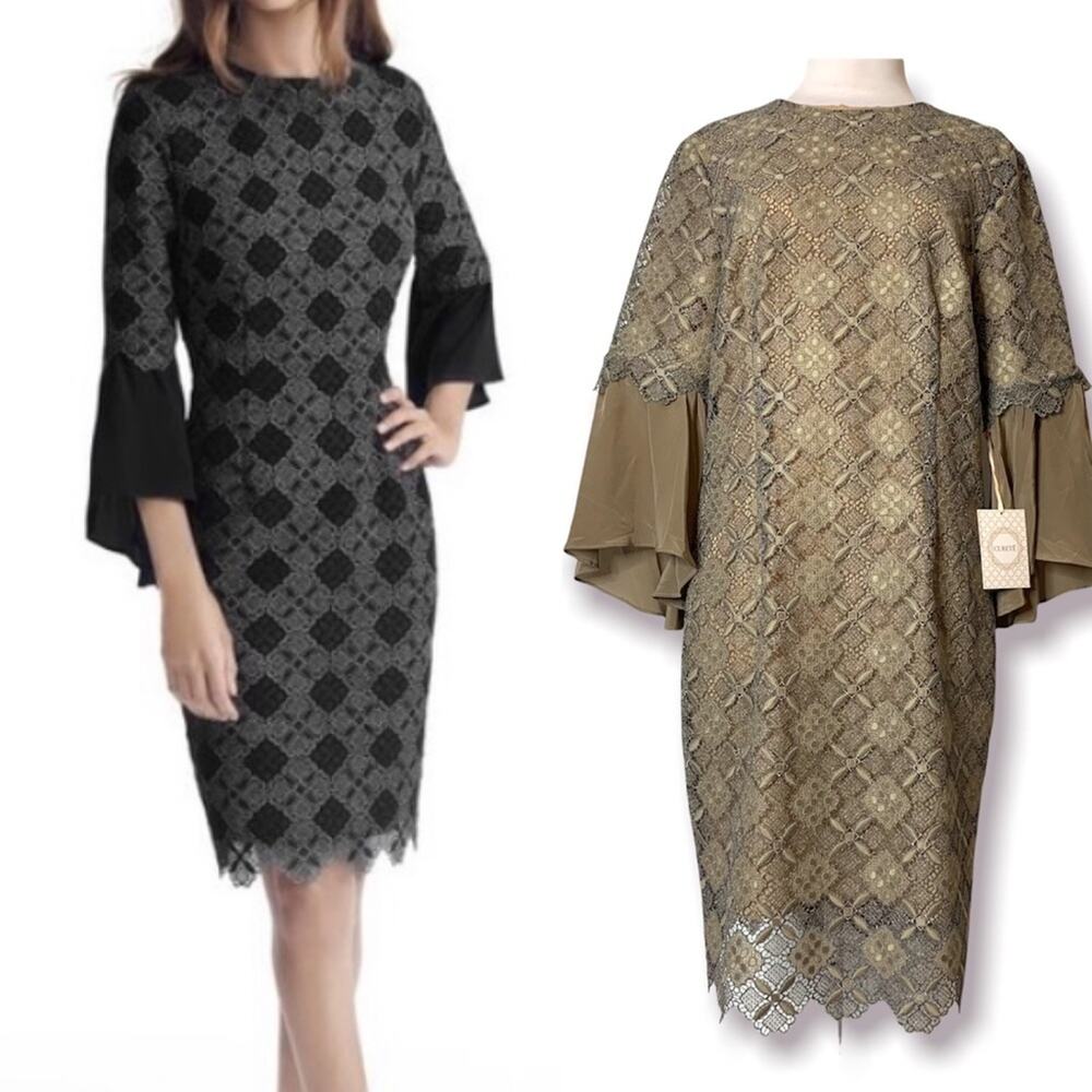 NWT Curete dress embroidered lace bell sleeve taupe sz 10‎